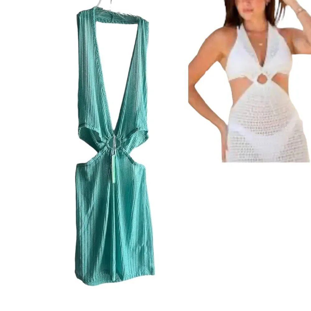 NEW Cut Out Crochet Beach COVER UP DRESS Teal Green Bodycon LG Plunge Halter